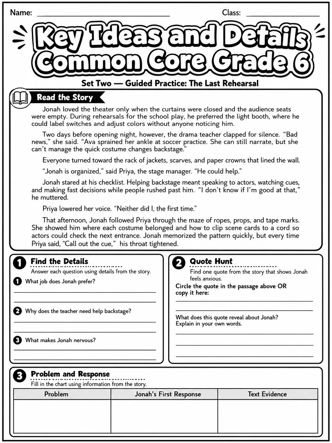 Key Ideas and Details Common Core Grade 6 page 4 printable Common Core ELA worksheet preview