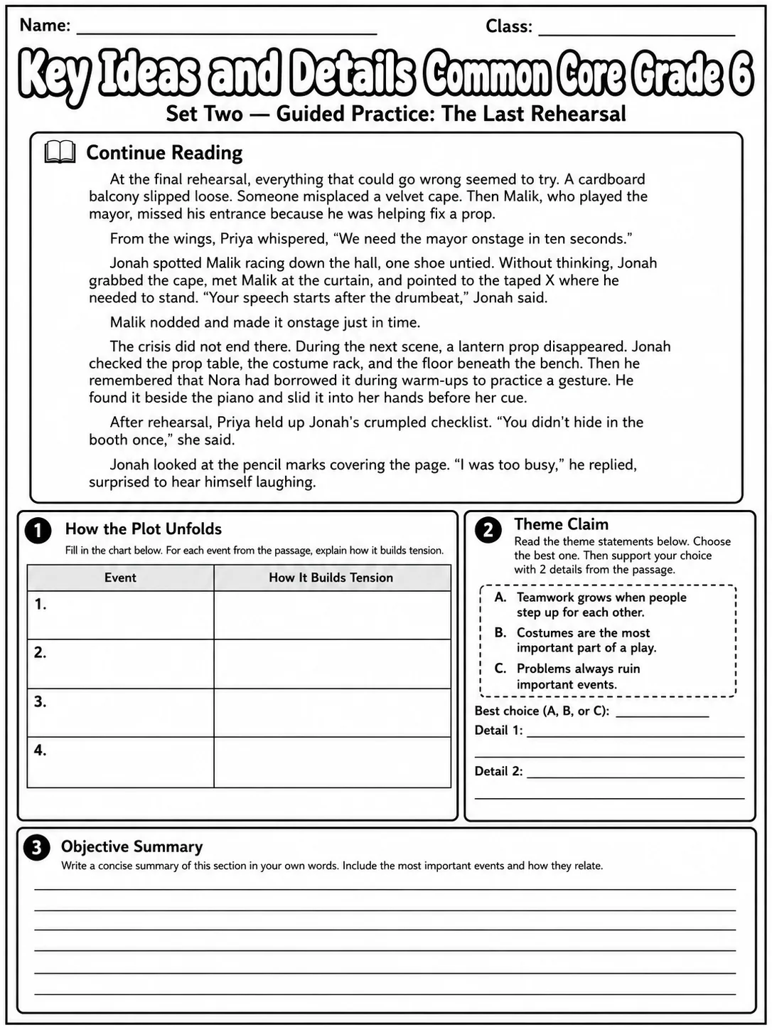 Key Ideas and Details Common Core Grade 6 page 5 printable Common Core ELA worksheet preview