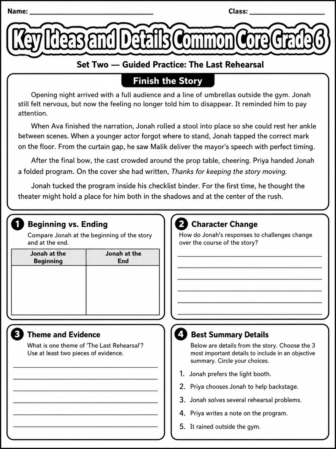 Key Ideas and Details Common Core Grade 6 page 6 printable Common Core ELA worksheet preview