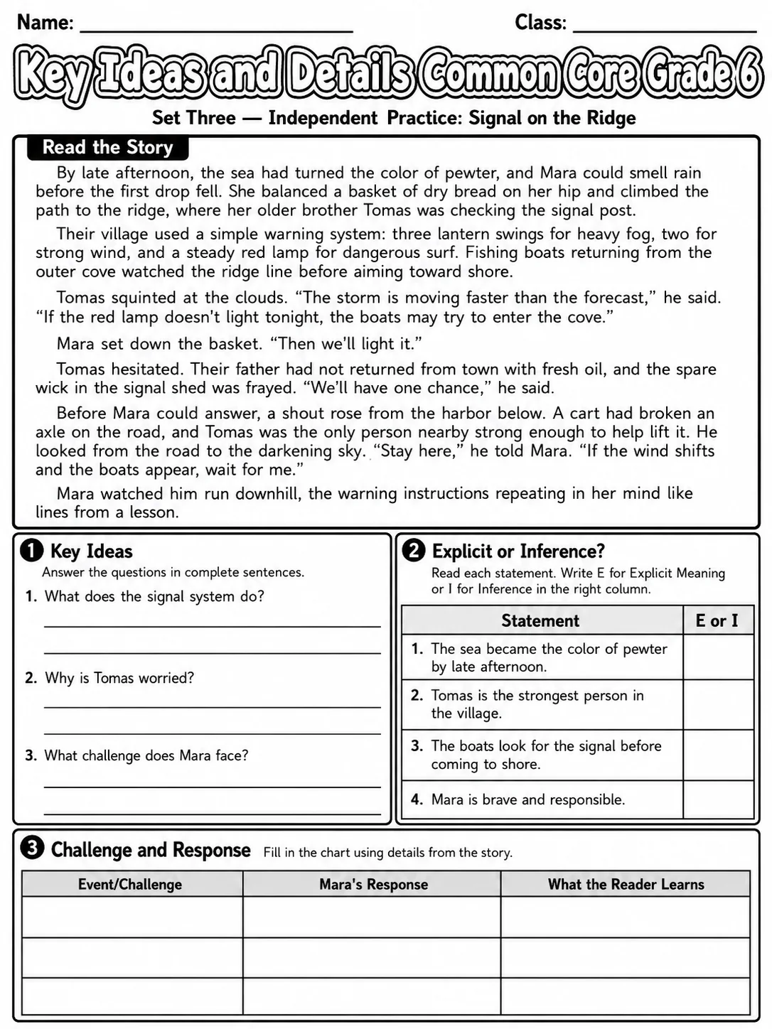 Key Ideas and Details Common Core Grade 6 page 7 printable Common Core ELA worksheet preview