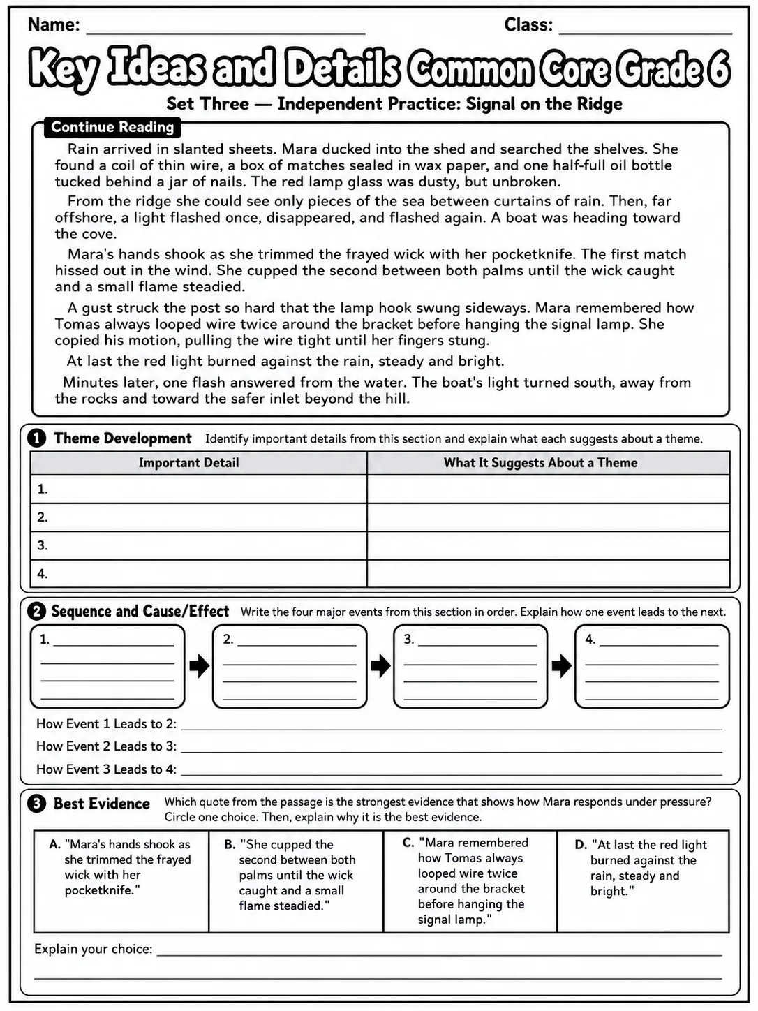 Key Ideas and Details Common Core Grade 6 page 8 printable Common Core ELA worksheet preview