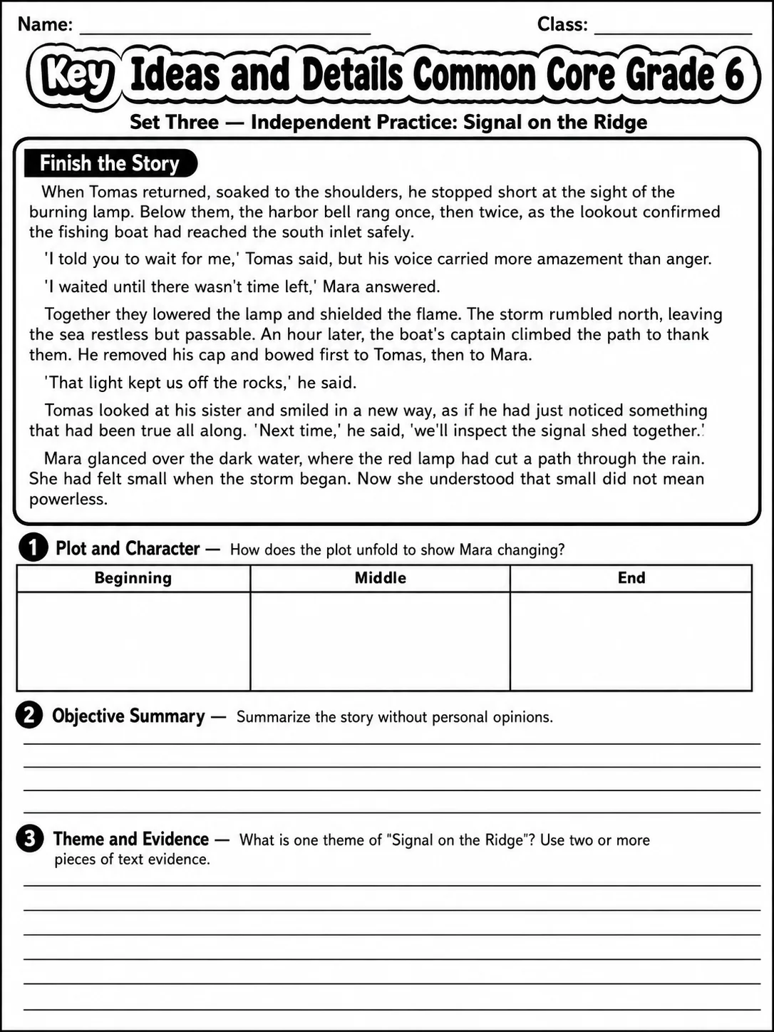 Key Ideas and Details Common Core Grade 6 page 9 printable Common Core ELA worksheet preview