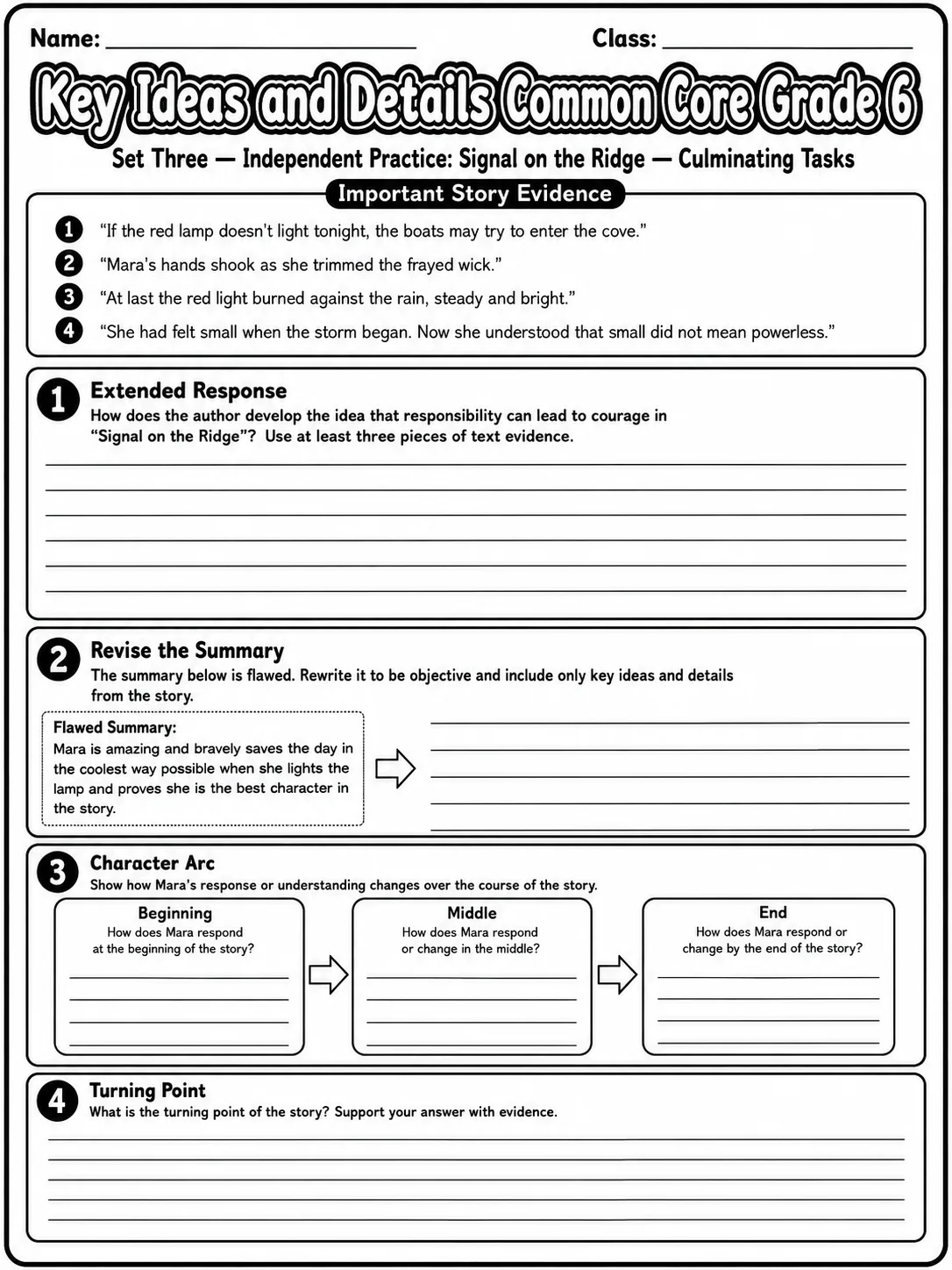 Key Ideas and Details Common Core Grade 6 page 10 printable Common Core ELA worksheet preview