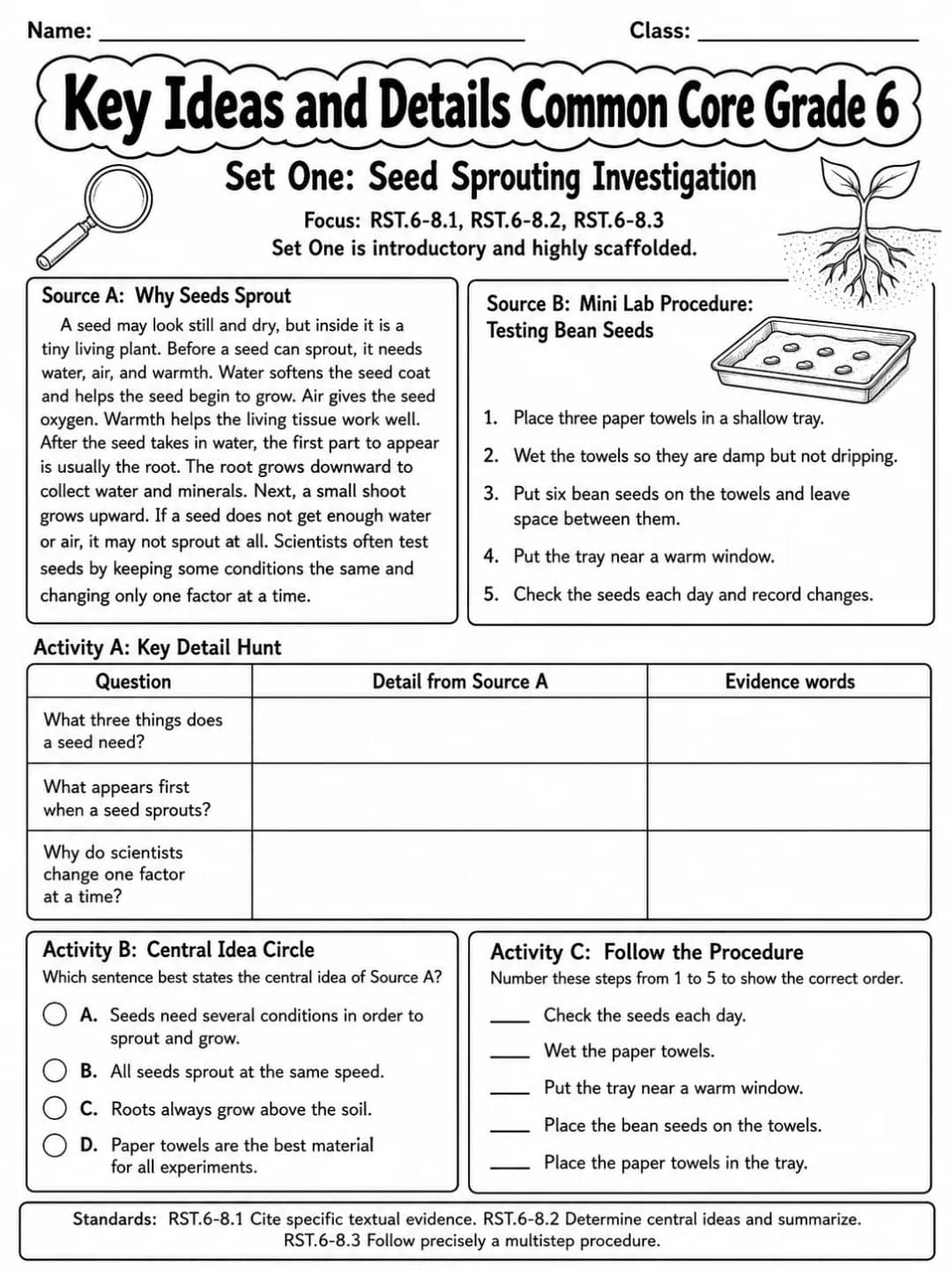 Key Ideas and Details Common Core Grade 6 printable Common Core ELA Grade 6 worksheet preview from KiwiBee