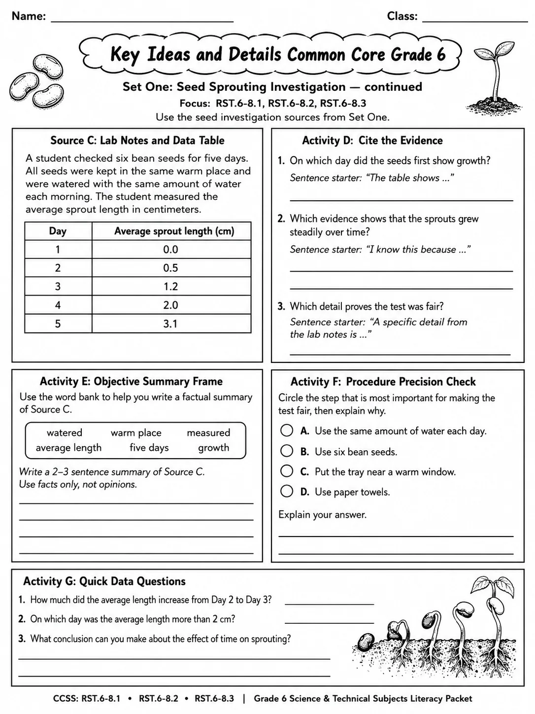 Key Ideas and Details Common Core Grade 6 page 2 printable Common Core ELA worksheet preview