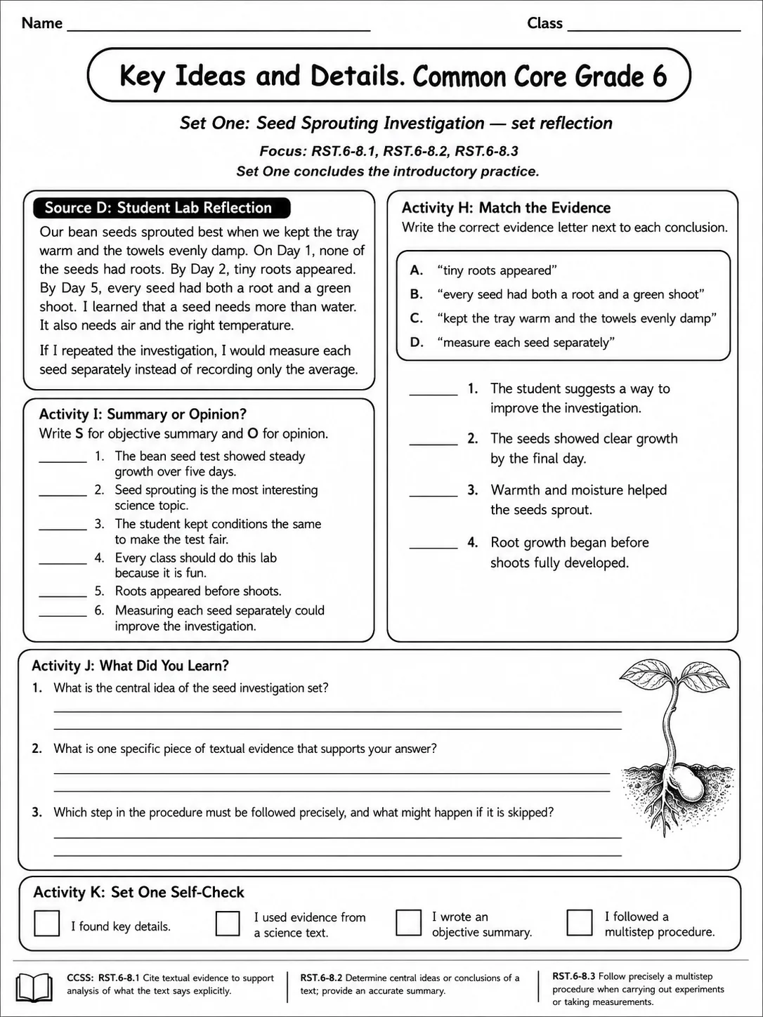 Key Ideas and Details Common Core Grade 6 page 3 printable Common Core ELA worksheet preview