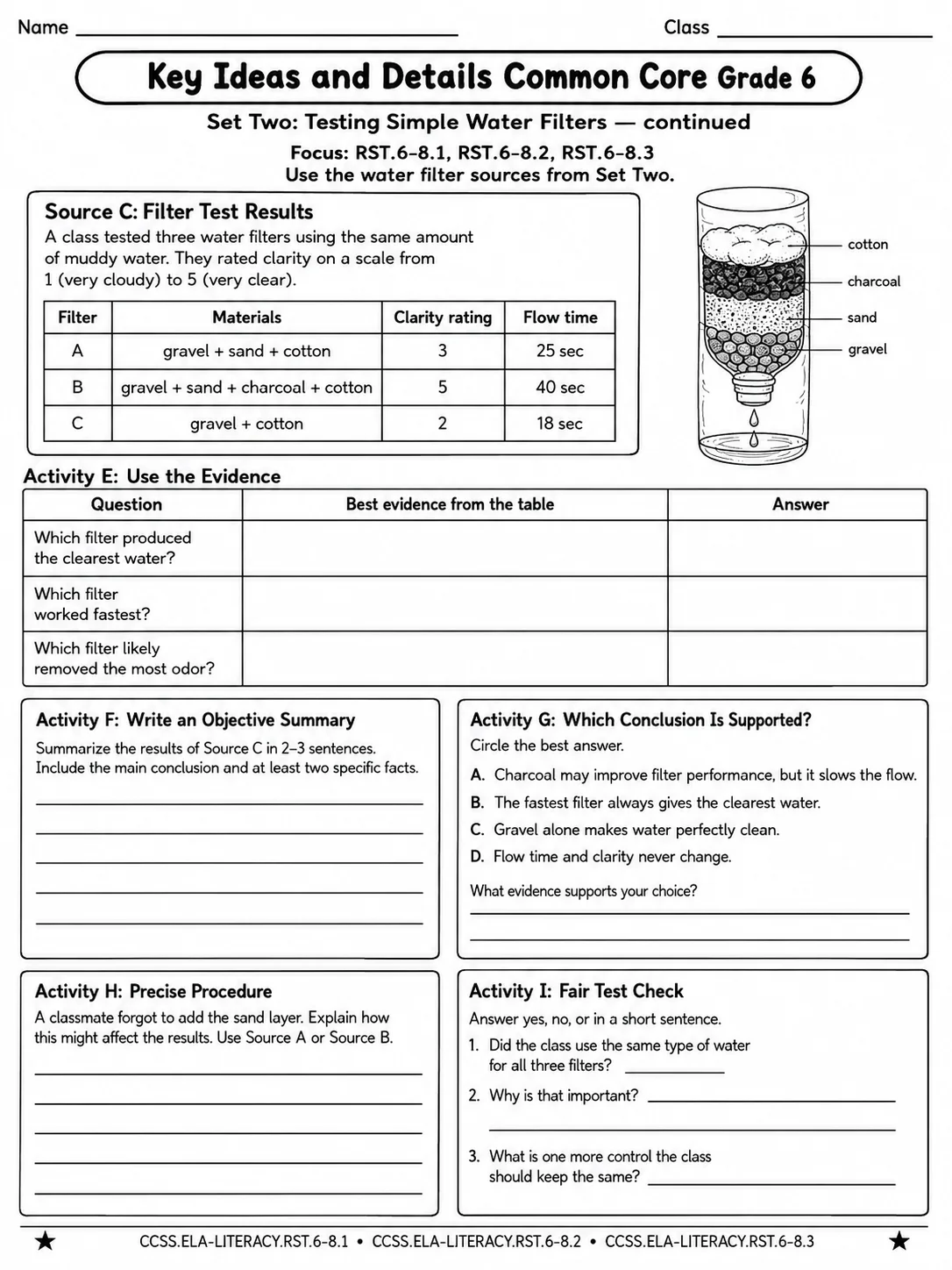 Key Ideas and Details Common Core Grade 6 page 5 printable Common Core ELA worksheet preview