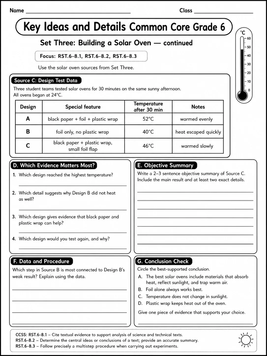 Key Ideas and Details Common Core Grade 6 page 8 printable Common Core ELA worksheet preview