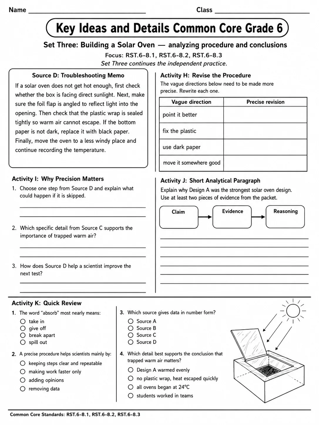 Key Ideas and Details Common Core Grade 6 page 9 printable Common Core ELA worksheet preview