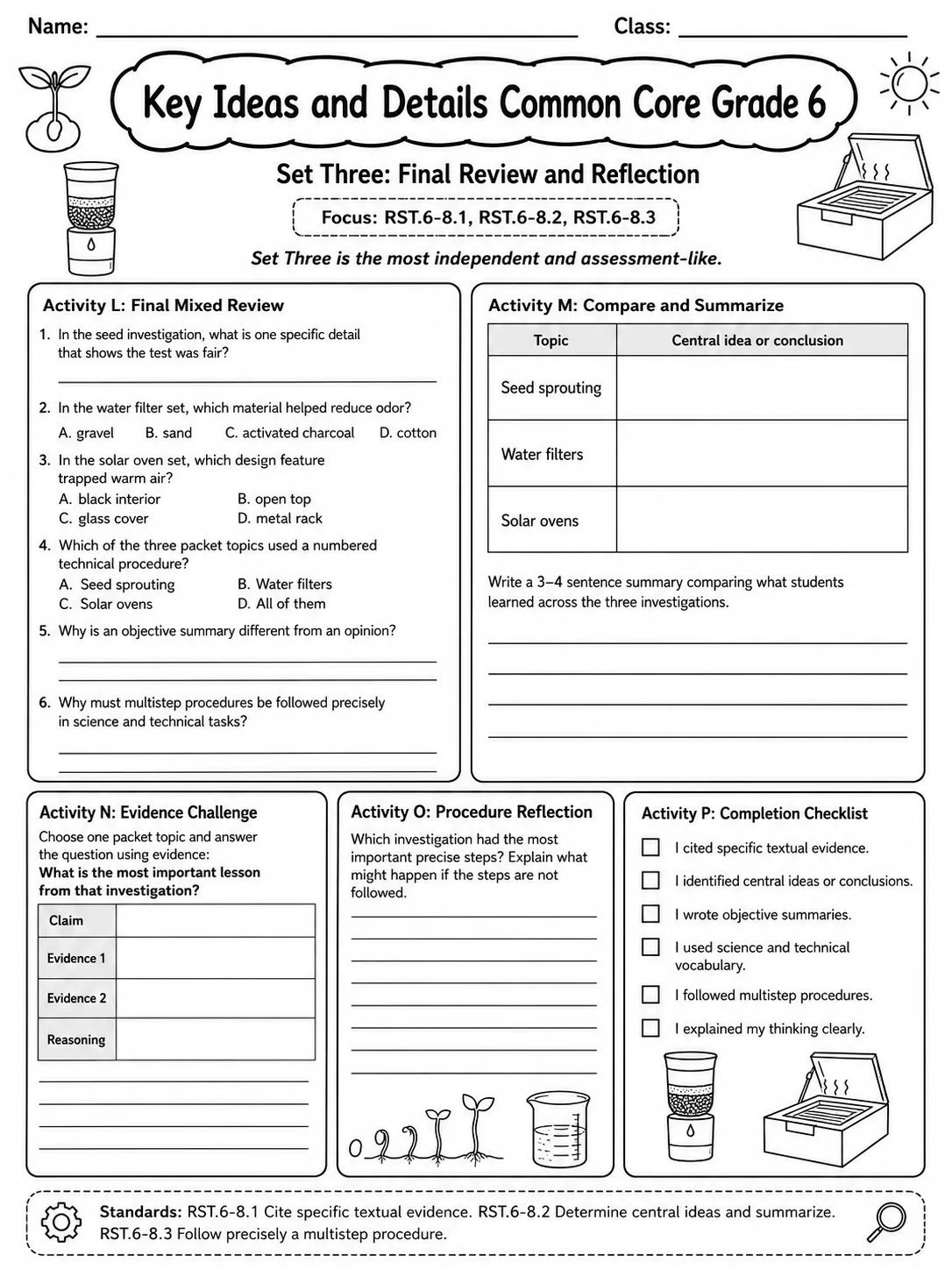 Key Ideas and Details Common Core Grade 6 page 10 printable Common Core ELA worksheet preview