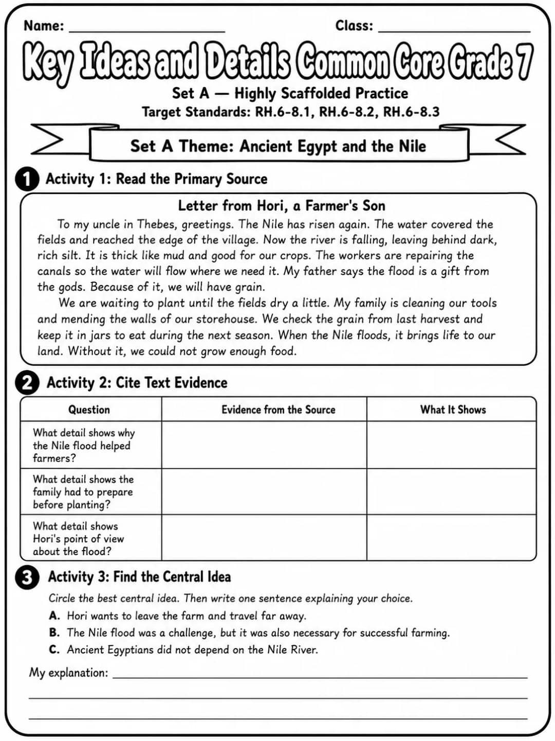 Key Ideas and Details Common Core Grade 7 printable Common Core ELA Grade 7 worksheet preview from KiwiBee