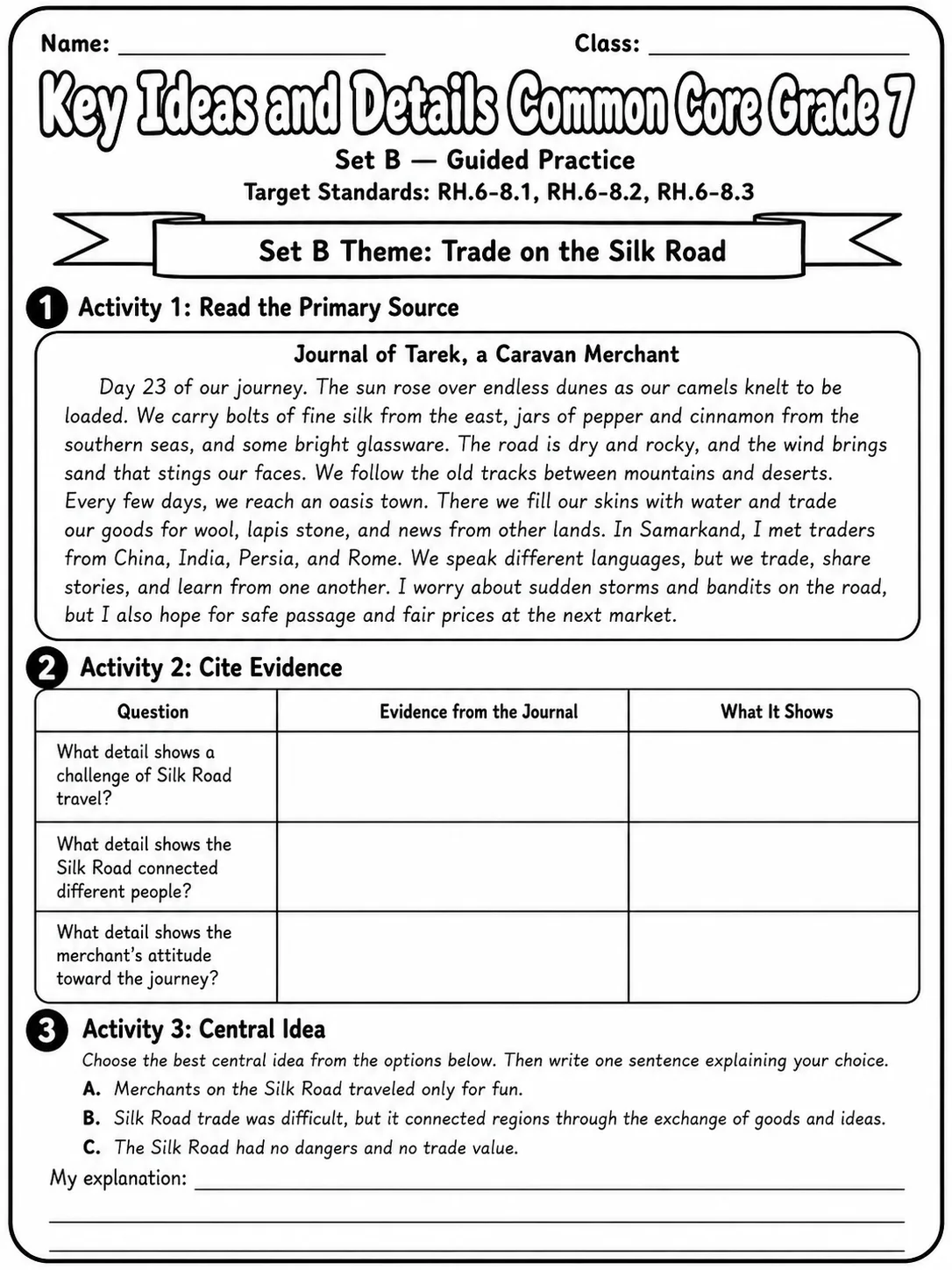 Key Ideas and Details Common Core Grade 7 page 2 printable Common Core ELA worksheet preview