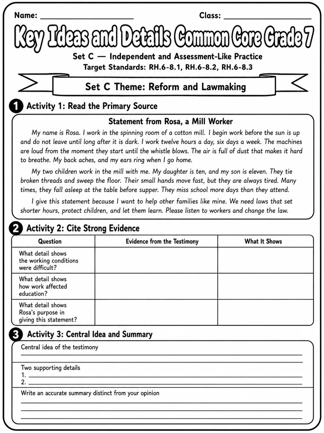 Key Ideas and Details Common Core Grade 7 page 4 printable Common Core ELA worksheet preview