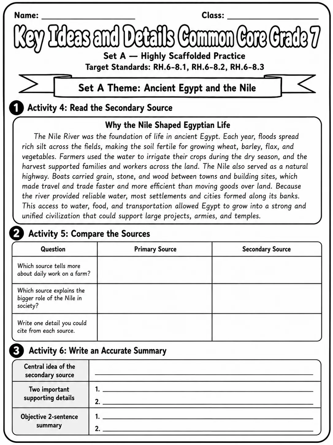 Key Ideas and Details Common Core Grade 7 page 5 printable Common Core ELA worksheet preview