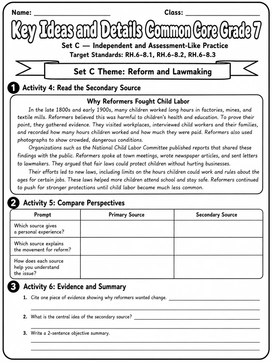 Key Ideas and Details Common Core Grade 7 page 7 printable Common Core ELA worksheet preview