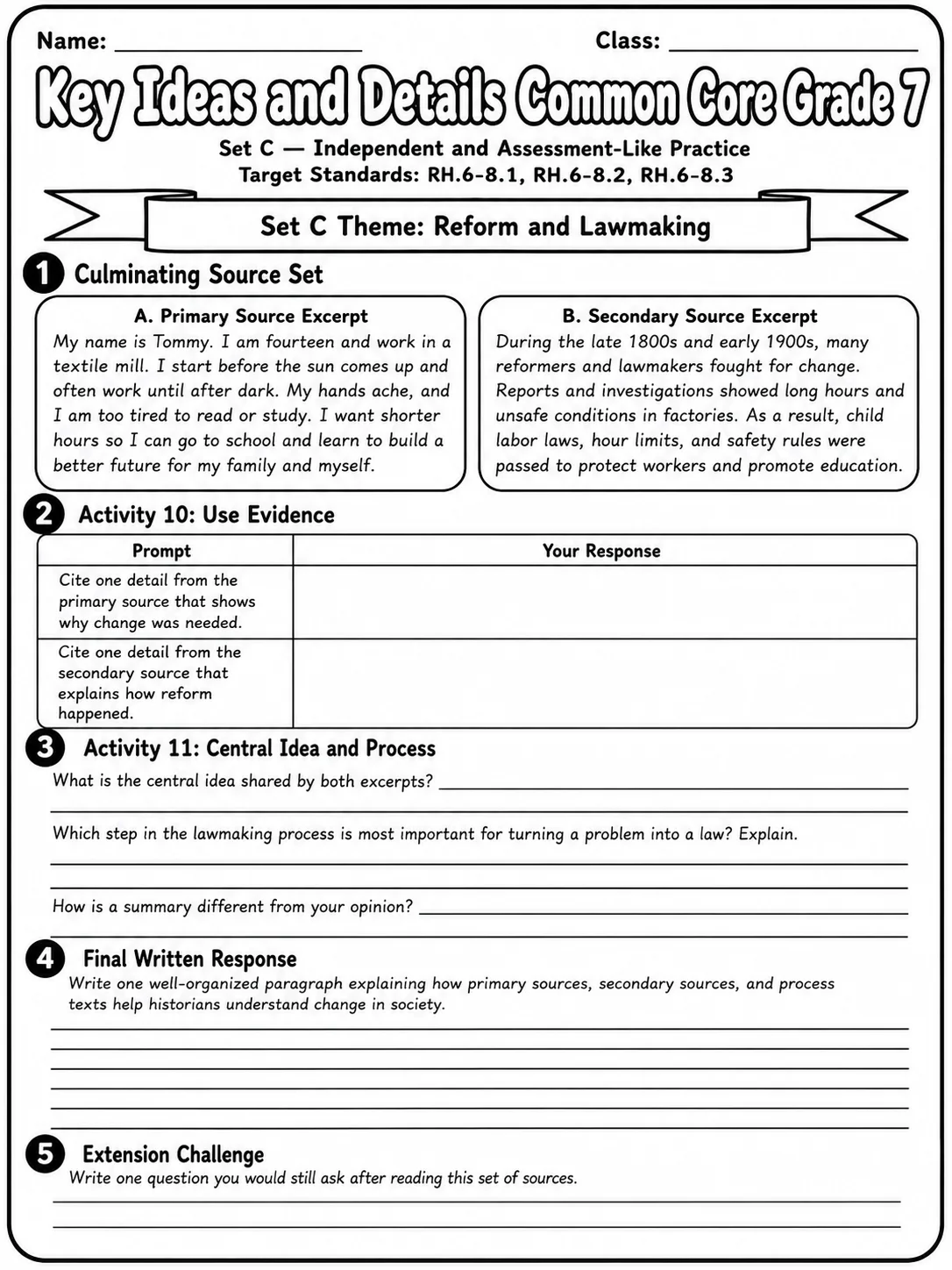 Key Ideas and Details Common Core Grade 7 page 8 printable Common Core ELA worksheet preview