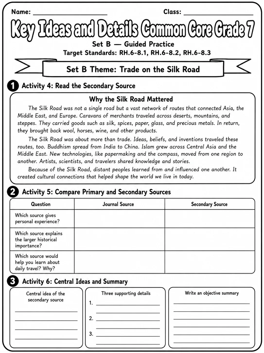 Key Ideas and Details Common Core Grade 7 page 9 printable Common Core ELA worksheet preview