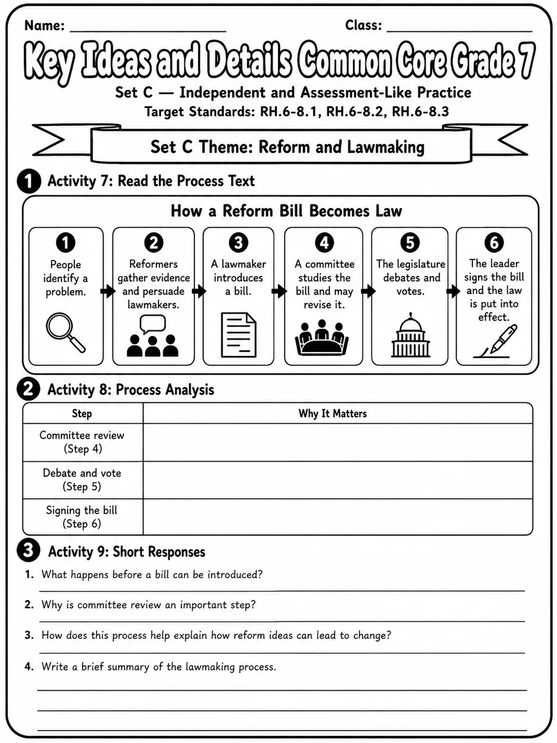 Key Ideas and Details Common Core Grade 7 page 10 printable Common Core ELA worksheet preview