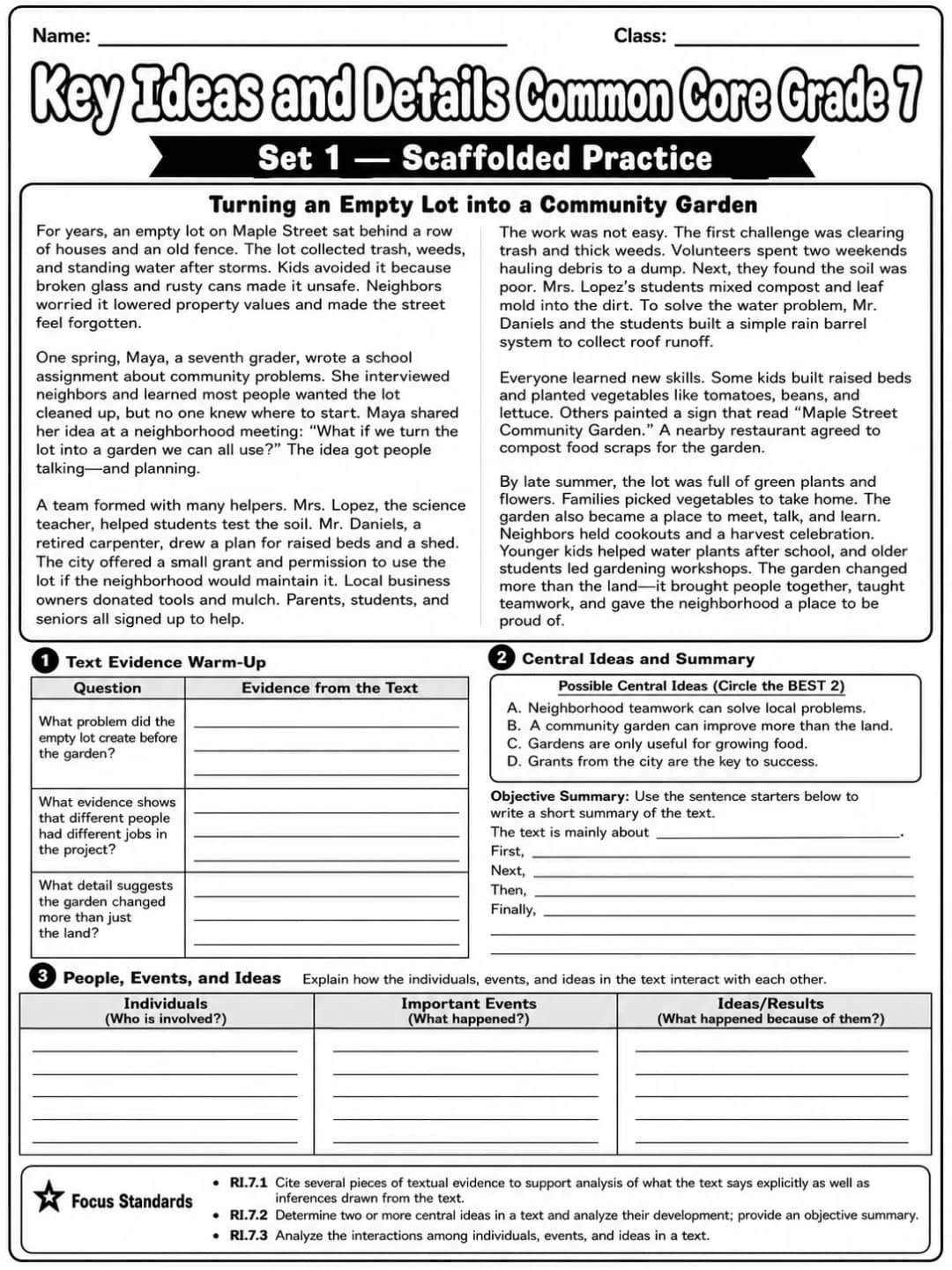 Key Ideas and Details Common Core Grade 7 printable Common Core ELA Grade 7 worksheet preview from KiwiBee