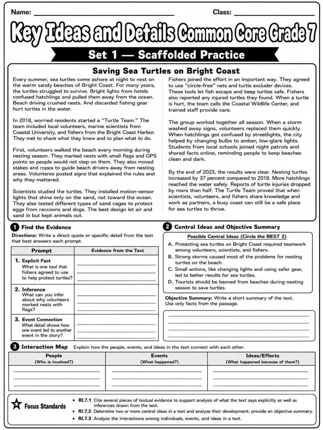 Key Ideas and Details Common Core Grade 7 page 2 printable Common Core ELA worksheet preview