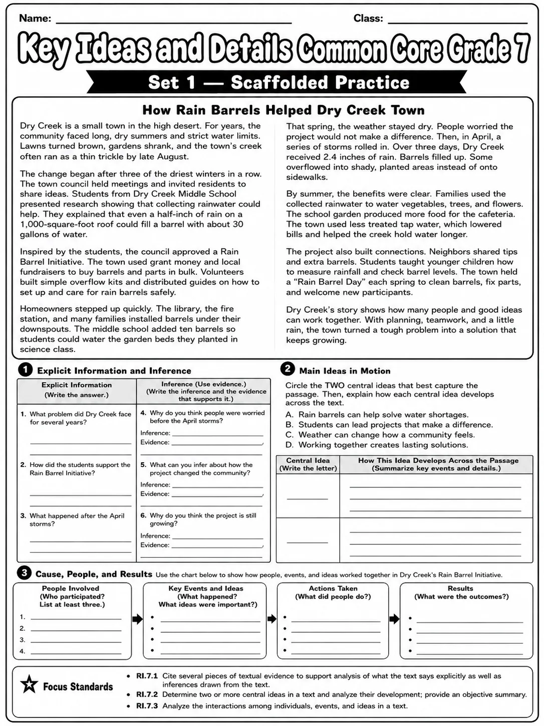 Key Ideas and Details Common Core Grade 7 page 3 printable Common Core ELA worksheet preview