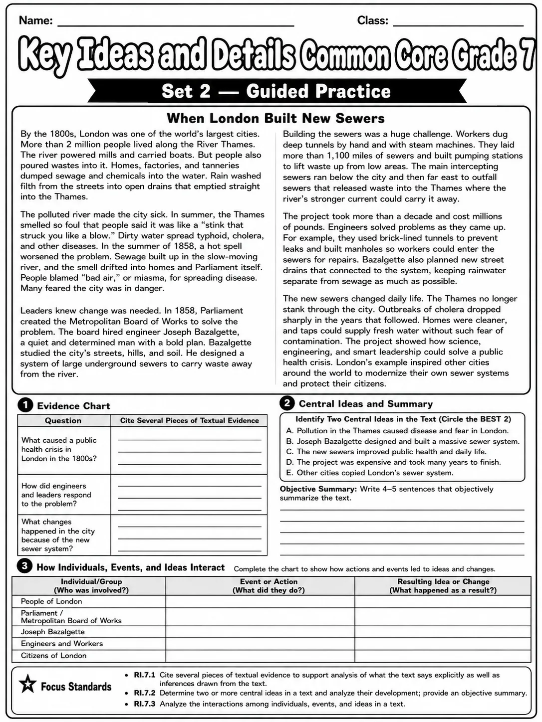 Key Ideas and Details Common Core Grade 7 page 4 printable Common Core ELA worksheet preview