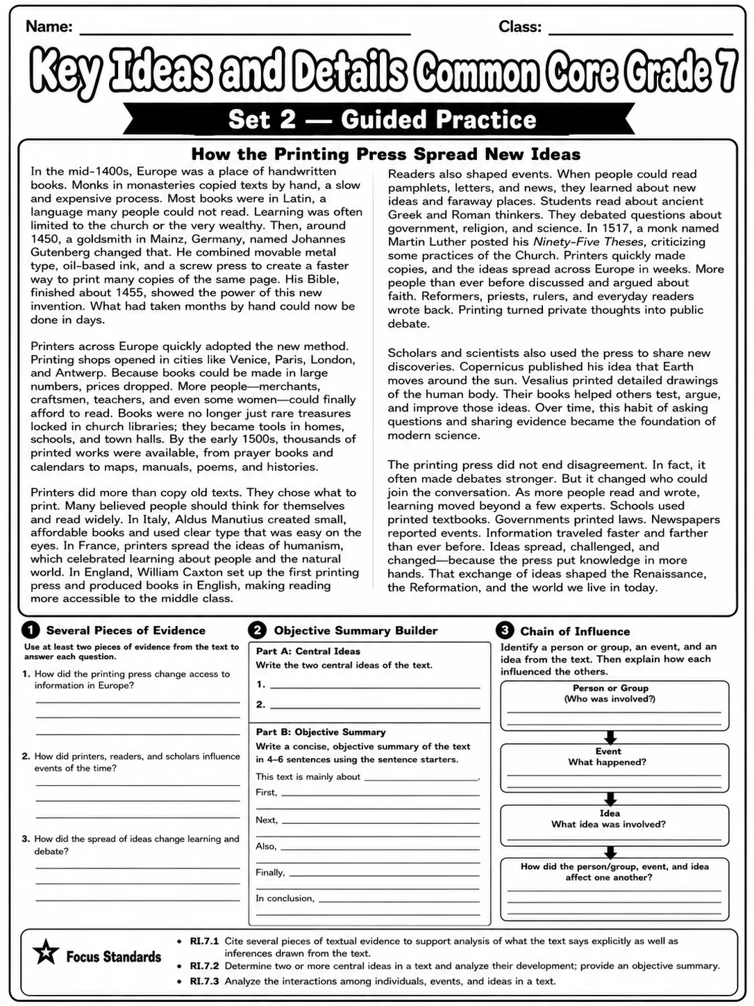 Key Ideas and Details Common Core Grade 7 page 6 printable Common Core ELA worksheet preview