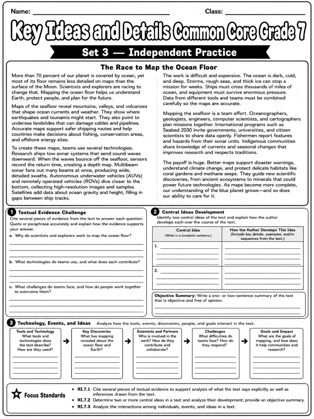 Key Ideas and Details Common Core Grade 7 page 8 printable Common Core ELA worksheet preview