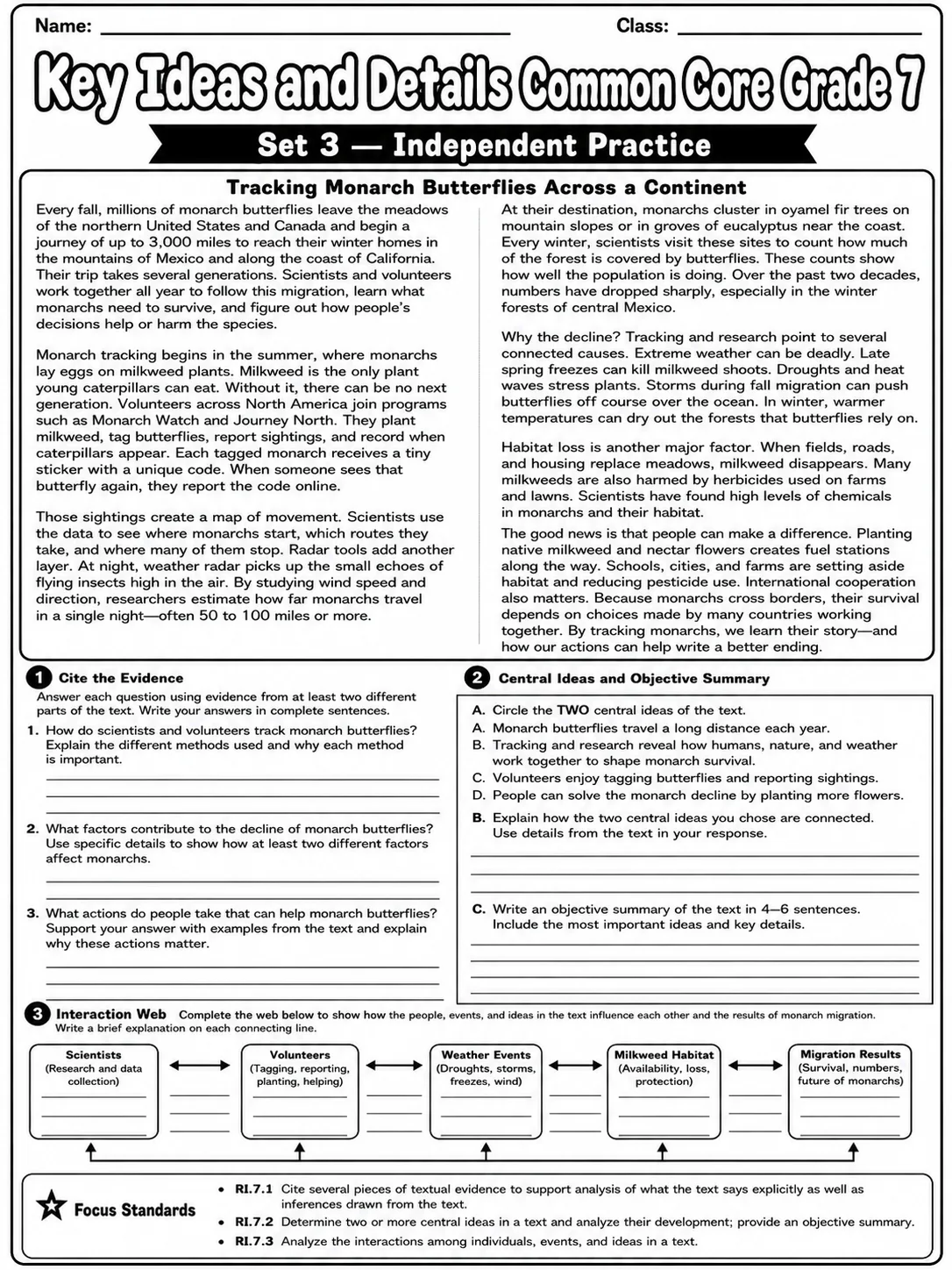 Key Ideas and Details Common Core Grade 7 page 9 printable Common Core ELA worksheet preview