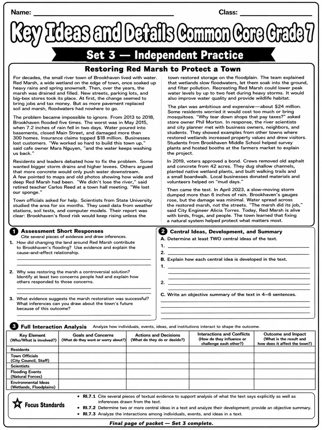 Key Ideas and Details Common Core Grade 7 page 10 printable Common Core ELA worksheet preview