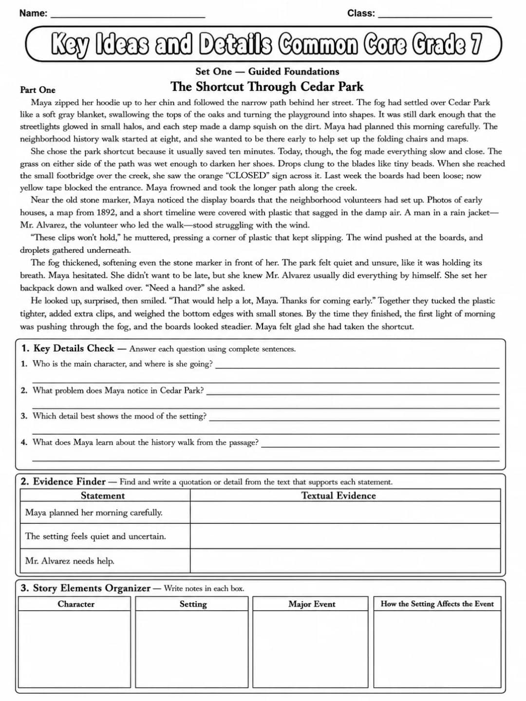 Key Ideas and Details Common Core Grade 7 printable Common Core ELA Grade 7 worksheet preview from KiwiBee