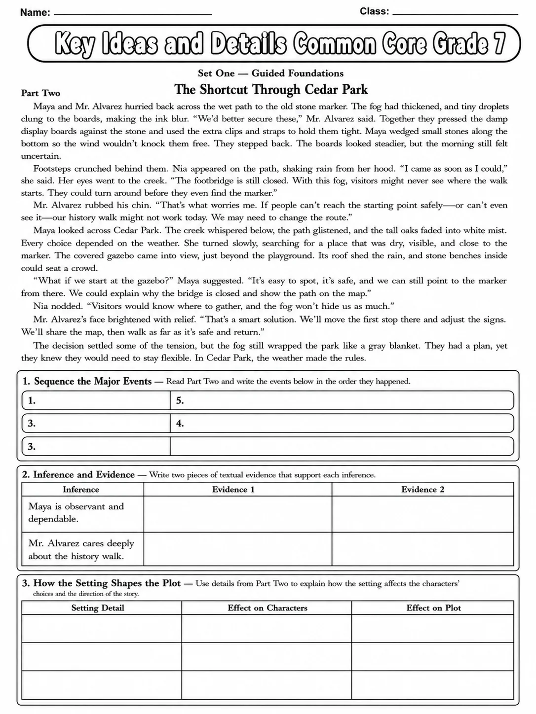 Key Ideas and Details Common Core Grade 7 page 2 printable Common Core ELA worksheet preview