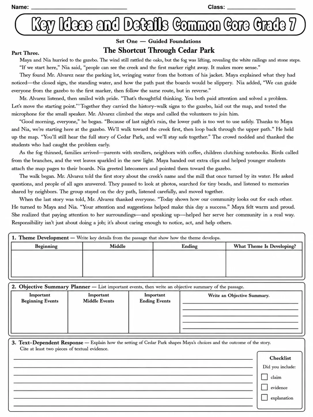 Key Ideas and Details Common Core Grade 7 page 3 printable Common Core ELA worksheet preview