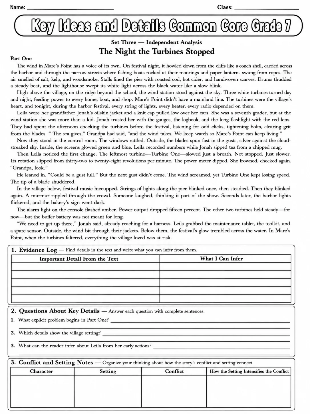 Key Ideas and Details Common Core Grade 7 page 7 printable Common Core ELA worksheet preview