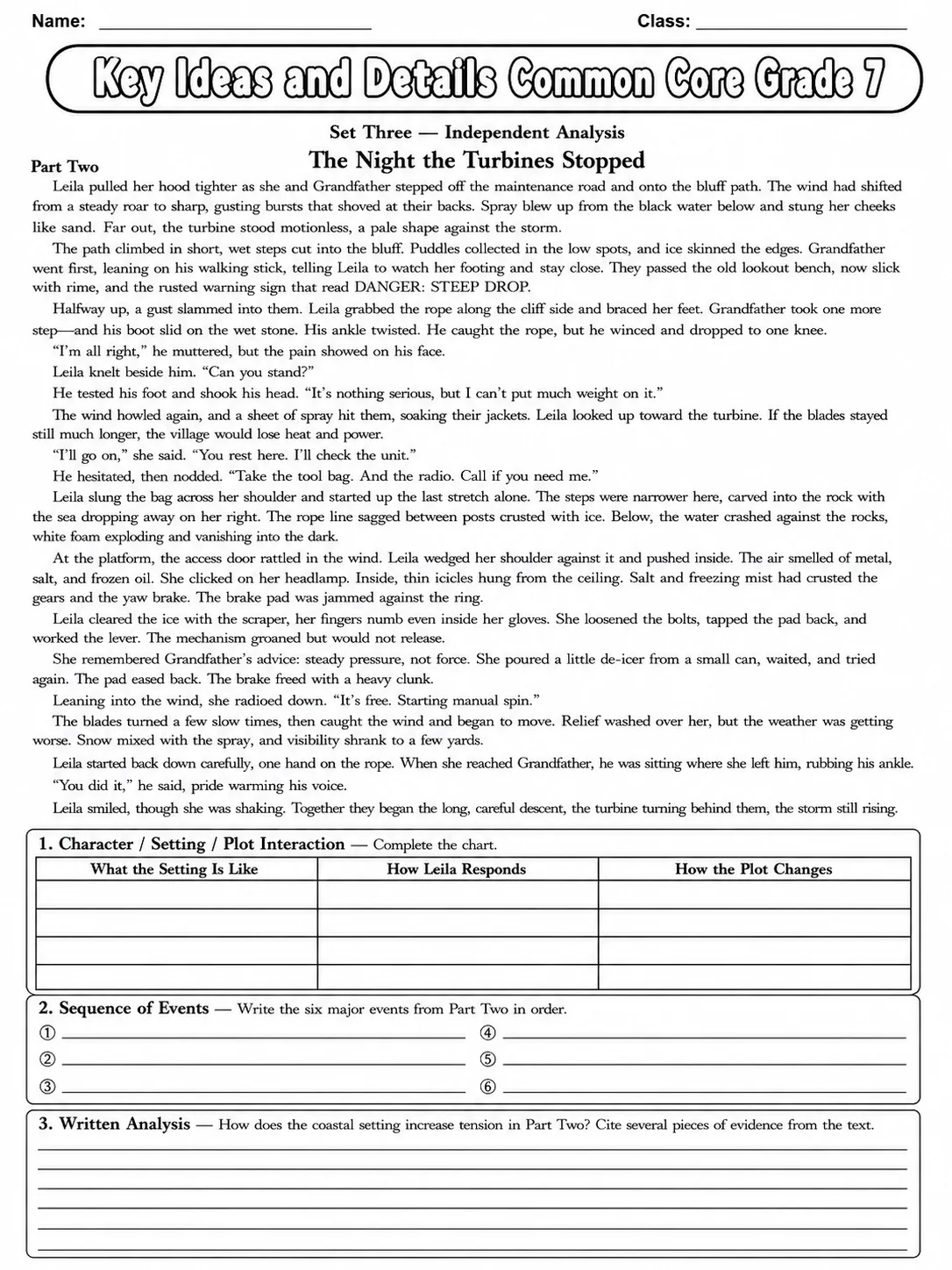 Key Ideas and Details Common Core Grade 7 page 8 printable Common Core ELA worksheet preview