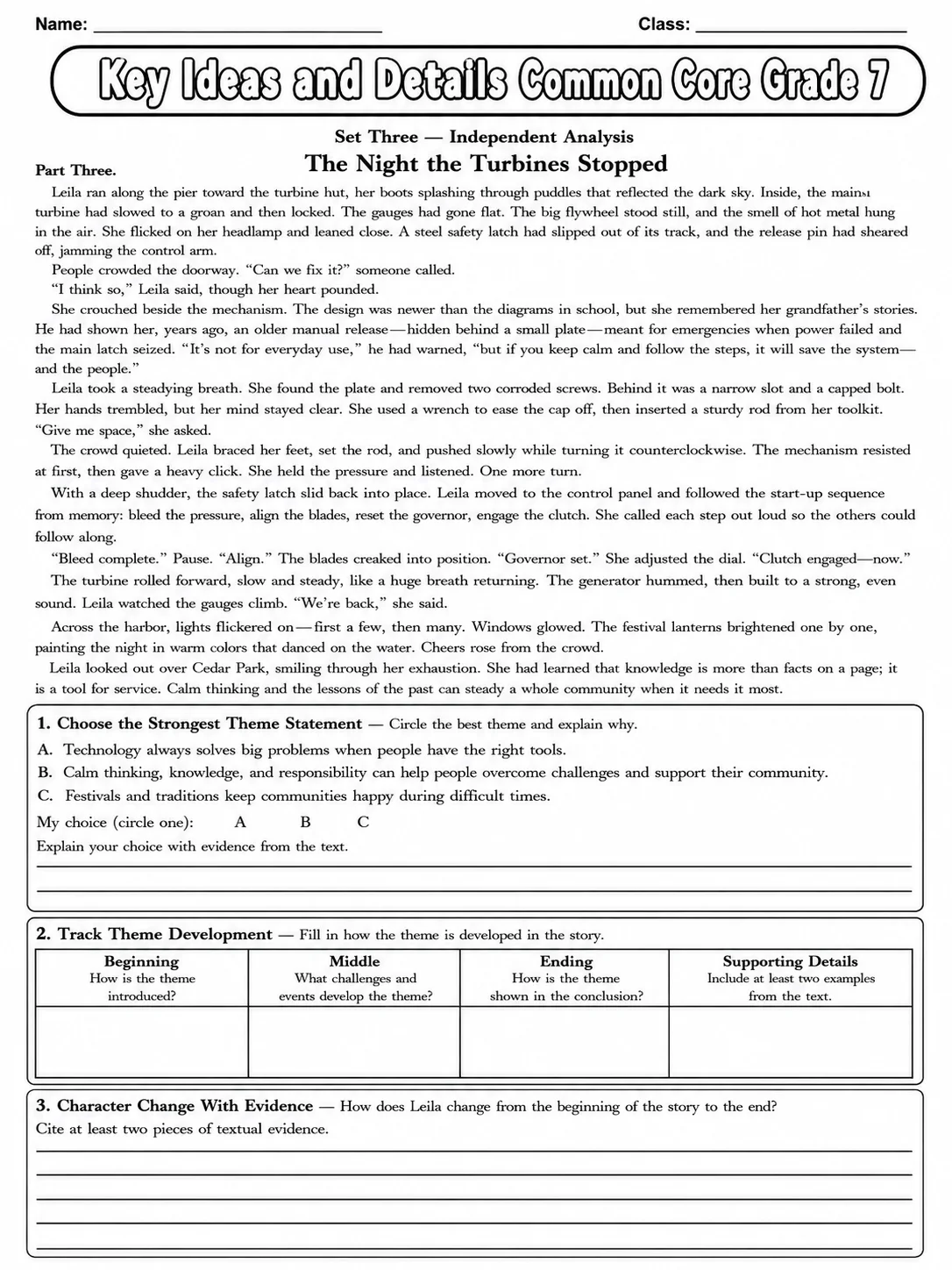 Key Ideas and Details Common Core Grade 7 page 9 printable Common Core ELA worksheet preview