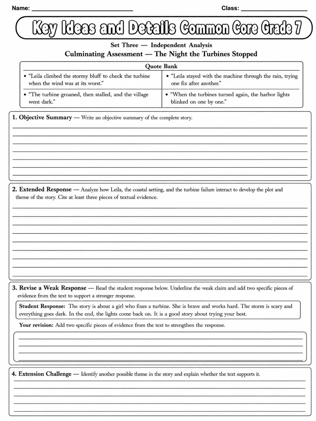 Key Ideas and Details Common Core Grade 7 page 10 printable Common Core ELA worksheet preview