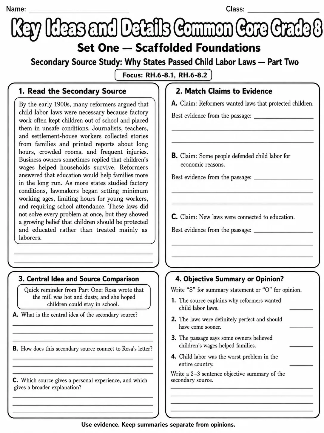 Key Ideas and Details Common Core Grade 8 page 2 printable Common Core ELA worksheet preview