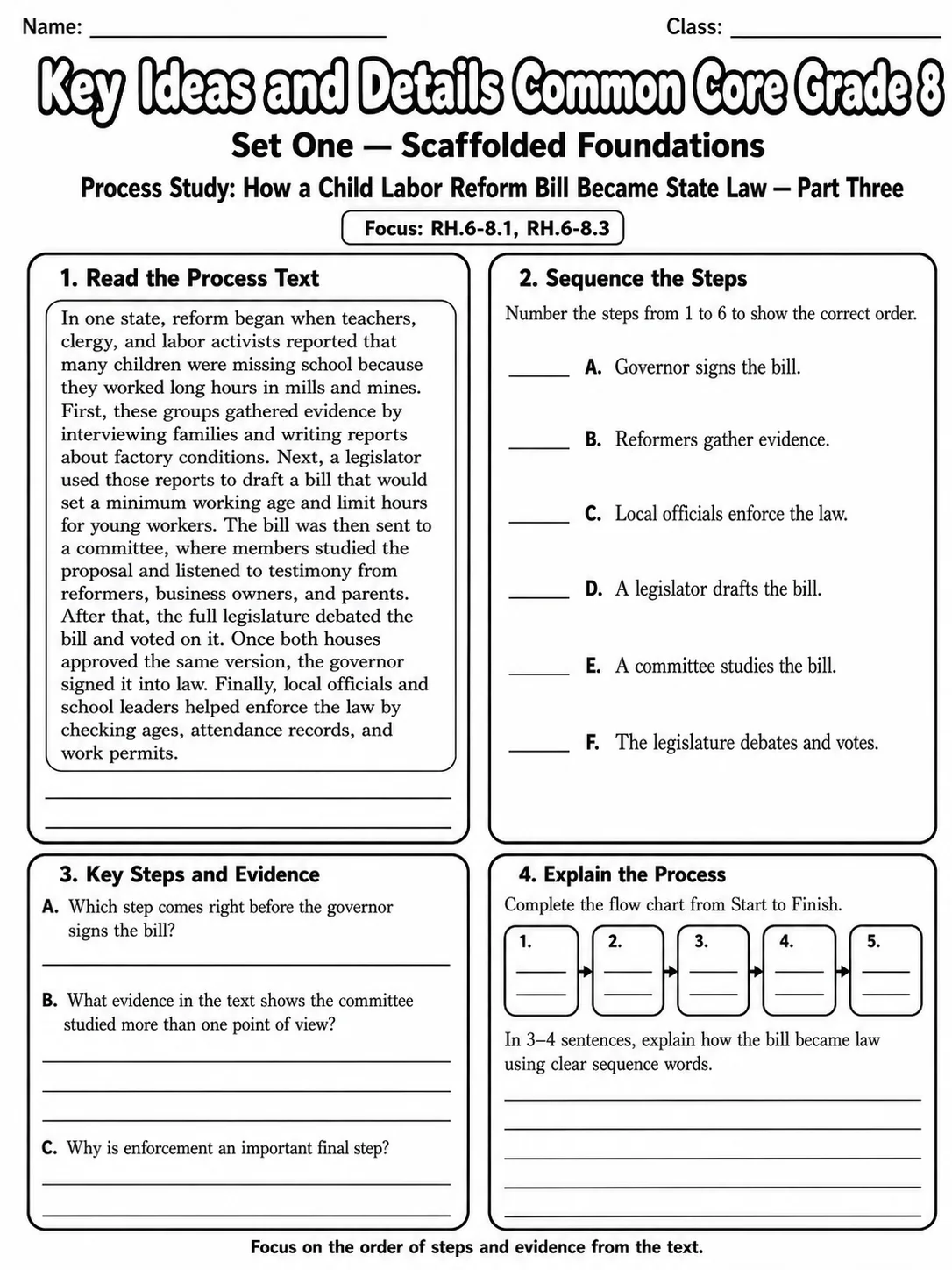 Key Ideas and Details Common Core Grade 8 page 3 printable Common Core ELA worksheet preview
