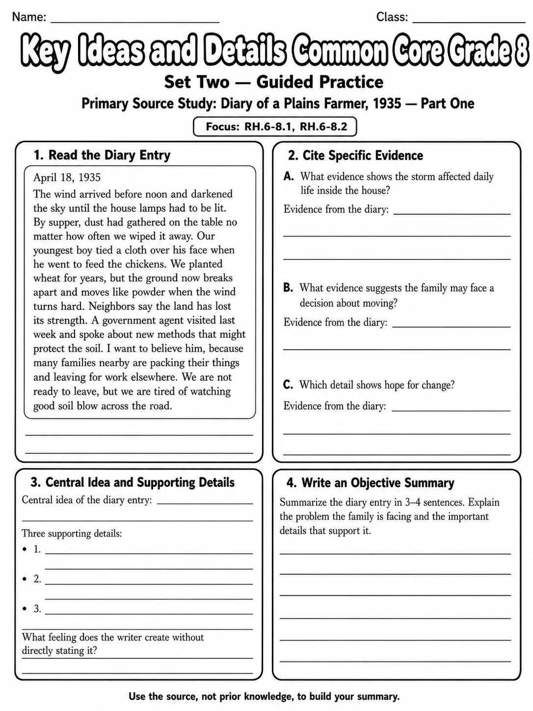 Key Ideas and Details Common Core Grade 8 page 4 printable Common Core ELA worksheet preview