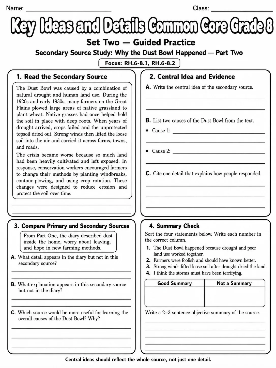 Key Ideas and Details Common Core Grade 8 page 5 printable Common Core ELA worksheet preview