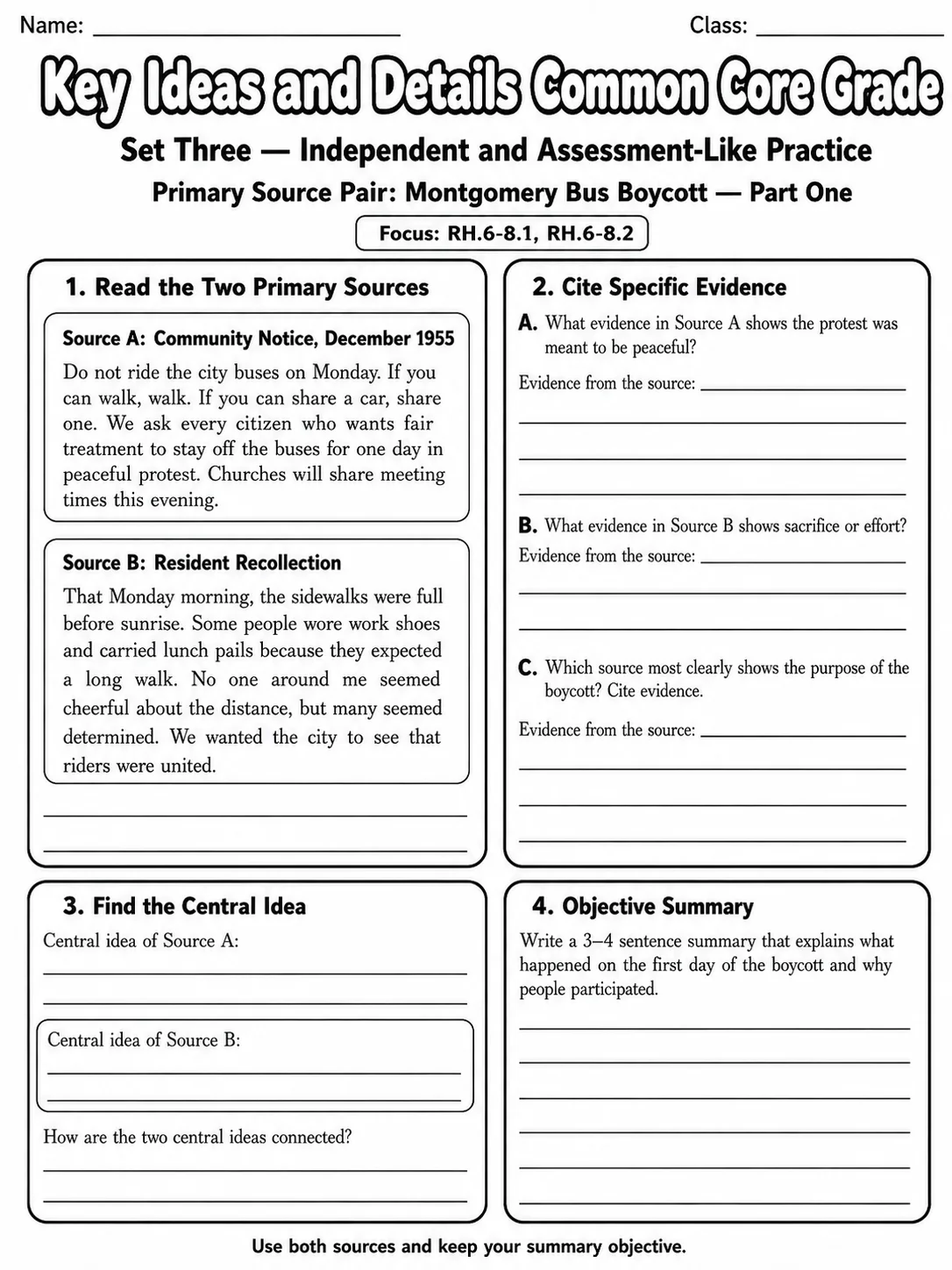 Key Ideas and Details Common Core Grade 8 page 7 printable Common Core ELA worksheet preview