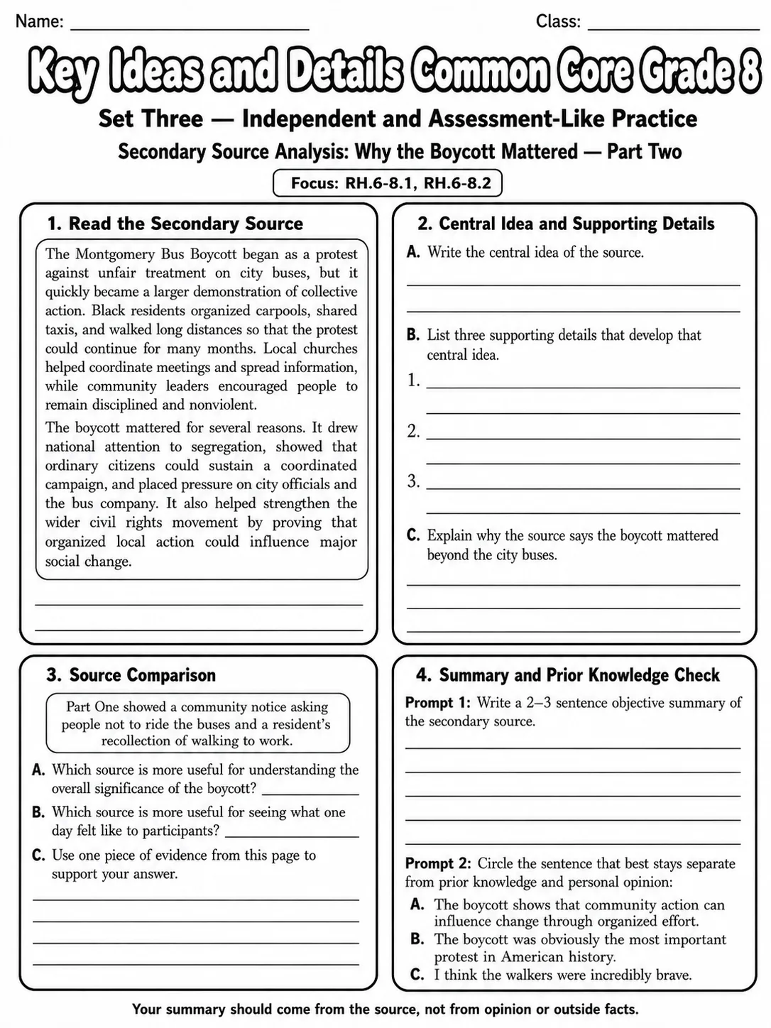 Key Ideas and Details Common Core Grade 8 page 8 printable Common Core ELA worksheet preview