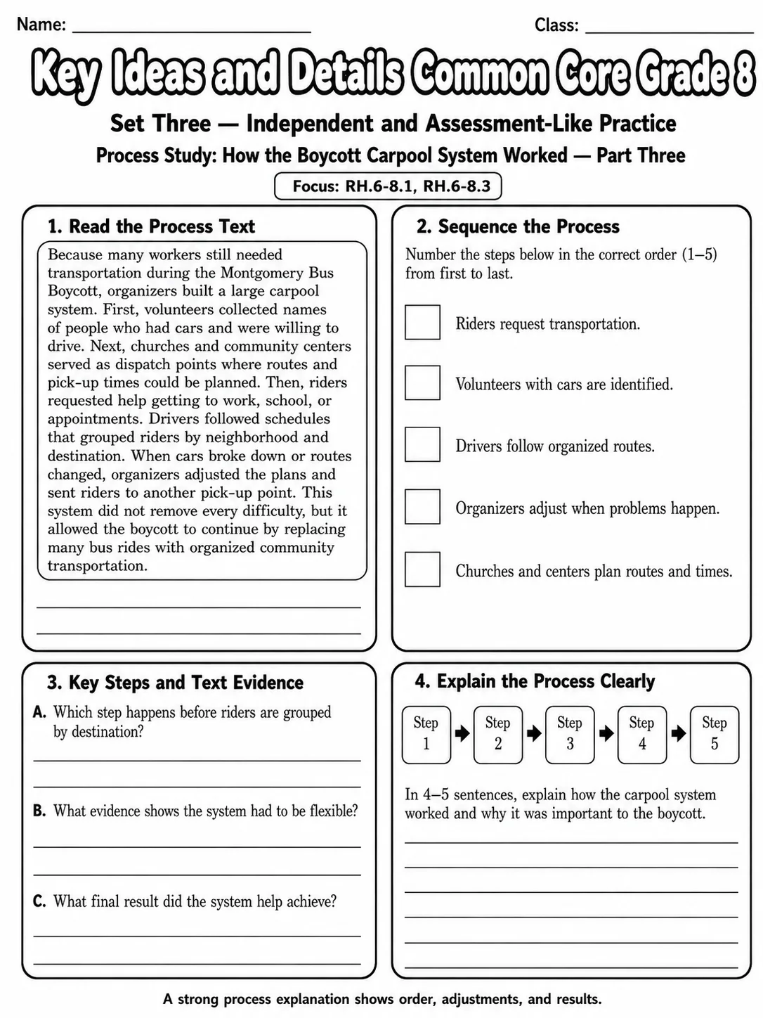 Key Ideas and Details Common Core Grade 8 page 9 printable Common Core ELA worksheet preview