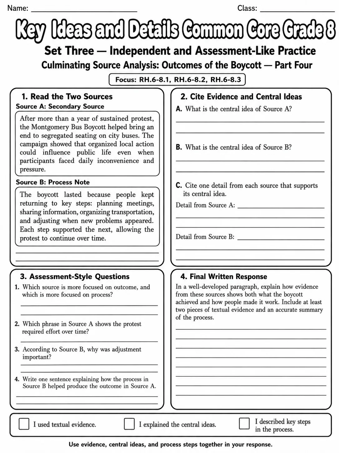 Key Ideas and Details Common Core Grade 8 page 10 printable Common Core ELA worksheet preview