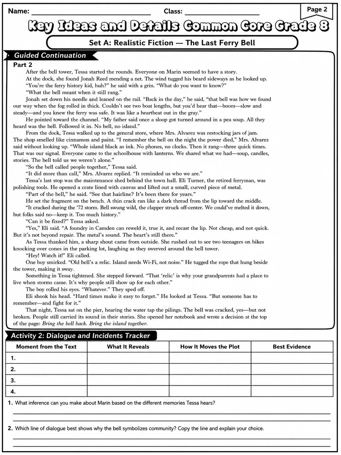 Key Ideas and Details Common Core Grade 8 page 2 printable Common Core ELA worksheet preview
