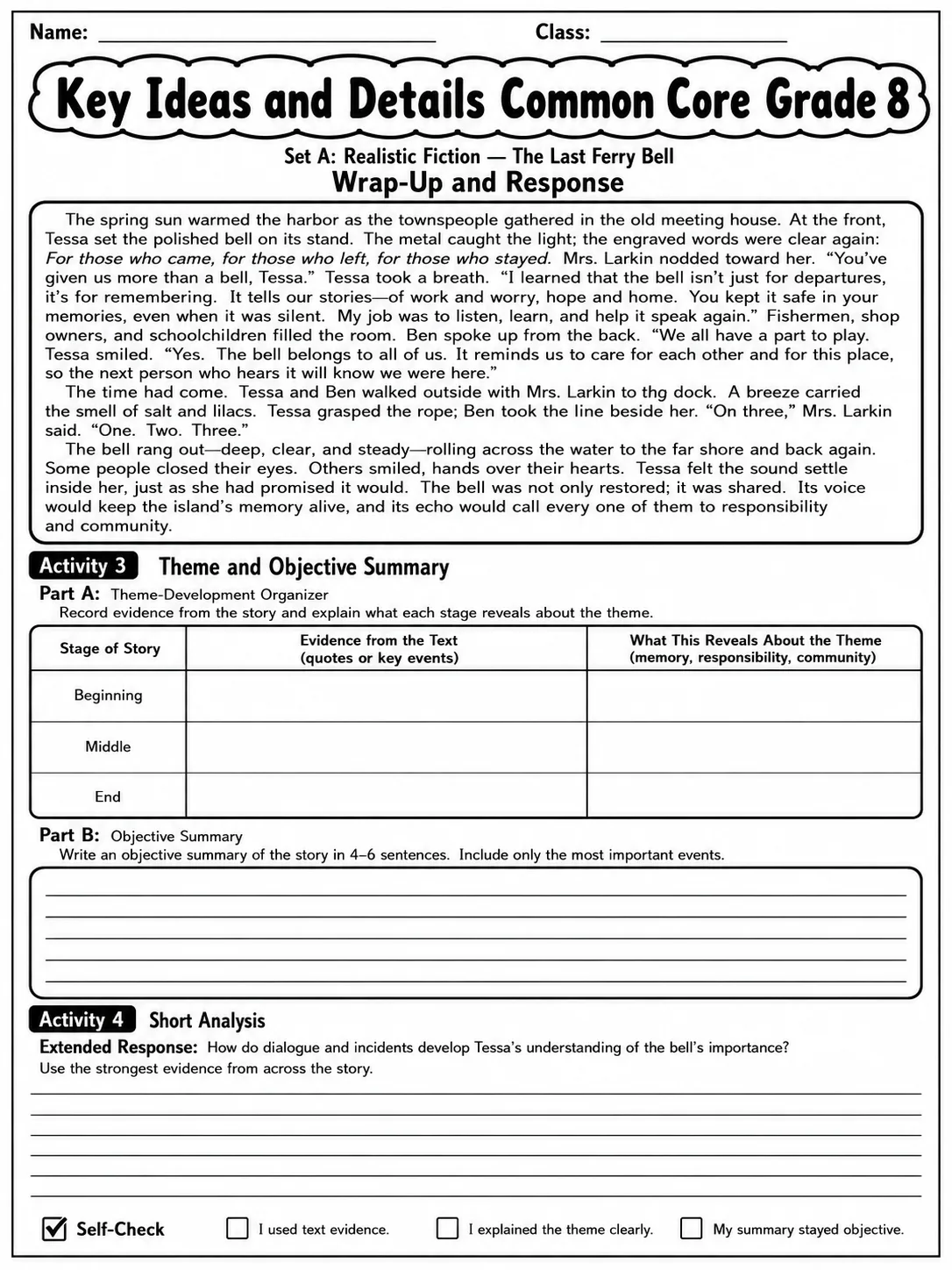 Key Ideas and Details Common Core Grade 8 page 3 printable Common Core ELA worksheet preview