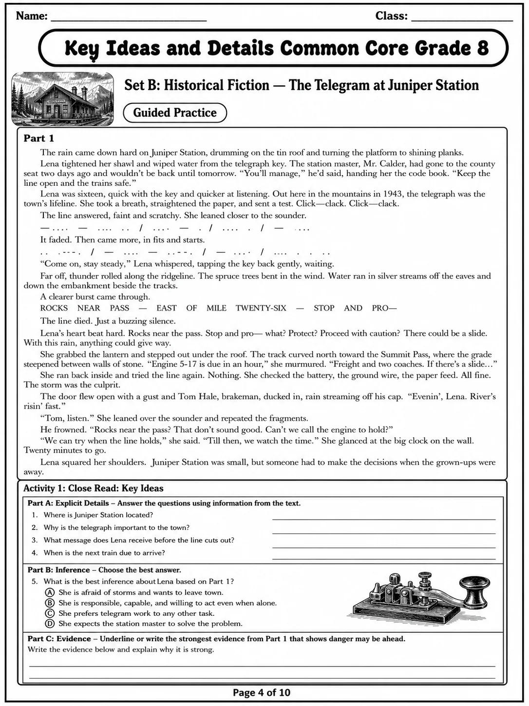 Key Ideas and Details Common Core Grade 8 page 4 printable Common Core ELA worksheet preview