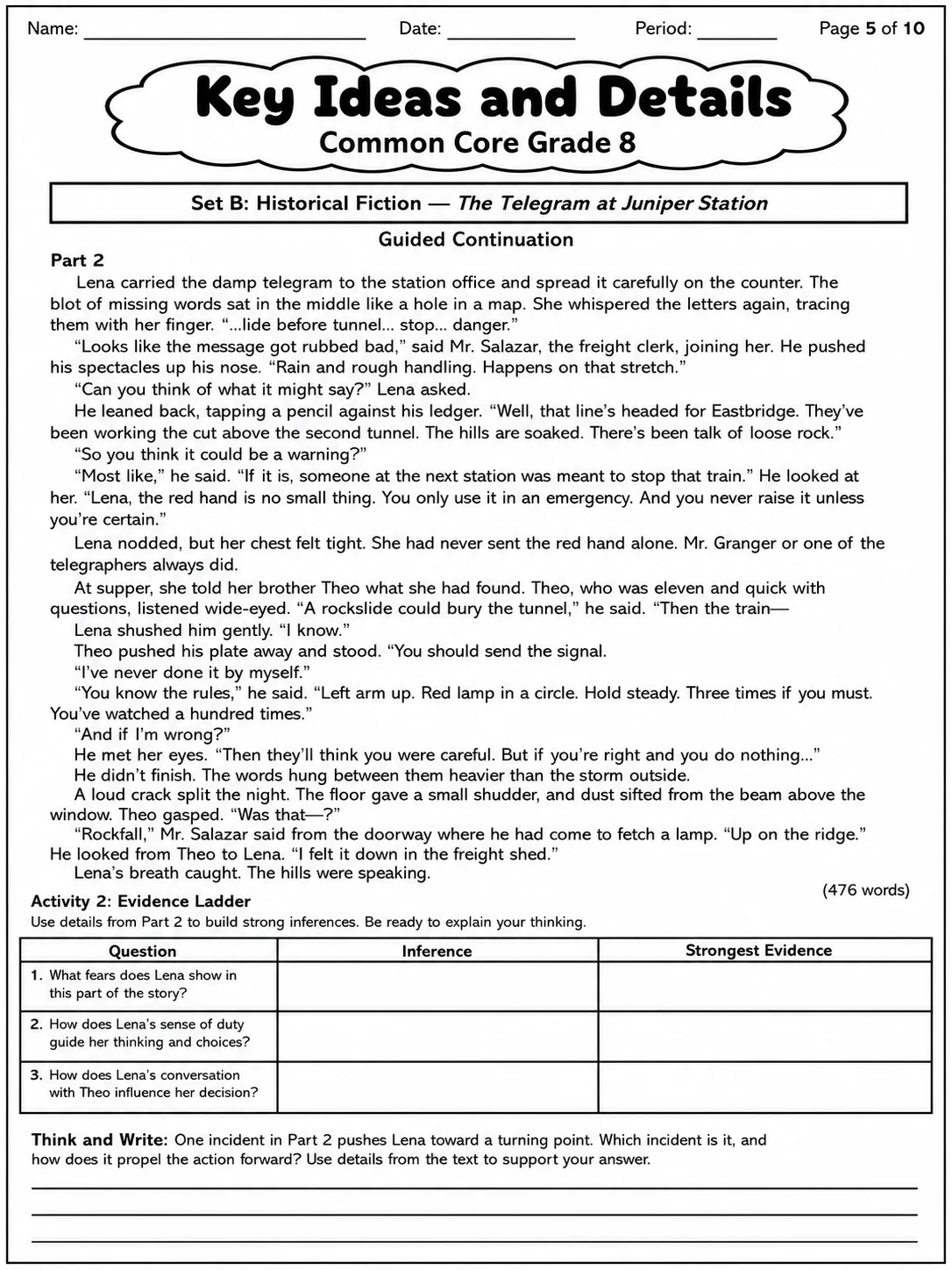 Key Ideas and Details Common Core Grade 8 page 5 printable Common Core ELA worksheet preview