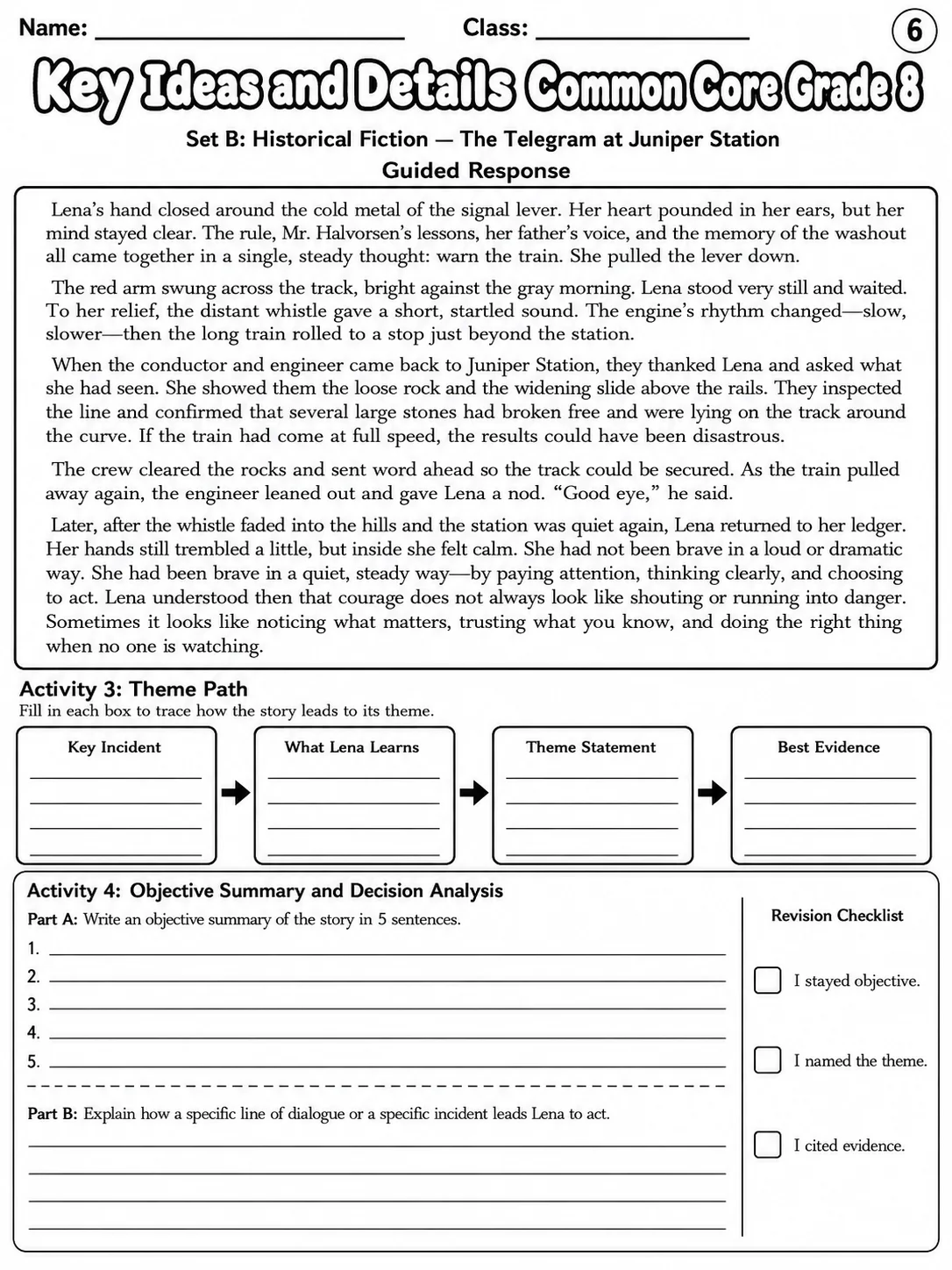 Key Ideas and Details Common Core Grade 8 page 6 printable Common Core ELA worksheet preview